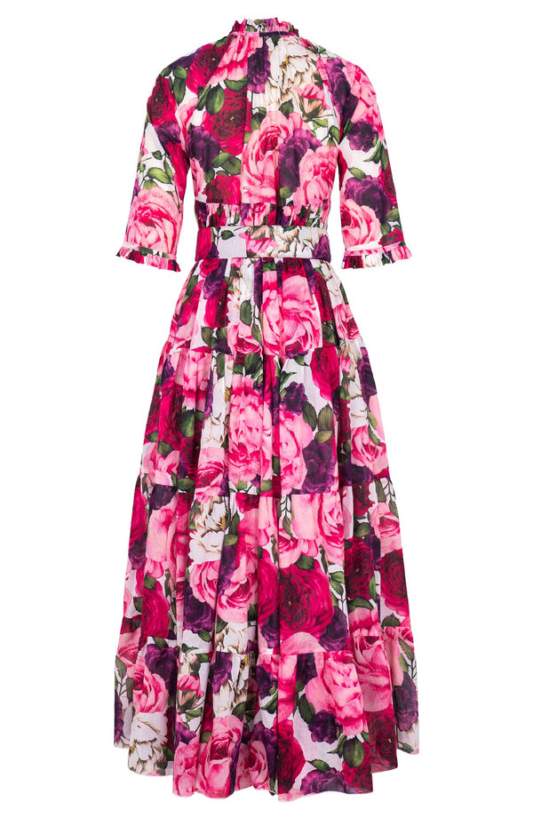 Eden Dress Crew Neck 3/4 Sleeve Maxi Length Cotton Musola (Rose Wallpaper)