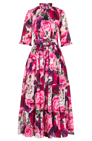 Eden Dress Crew Neck 3/4 Sleeve Maxi Length Cotton Musola (Rose Wallpaper)