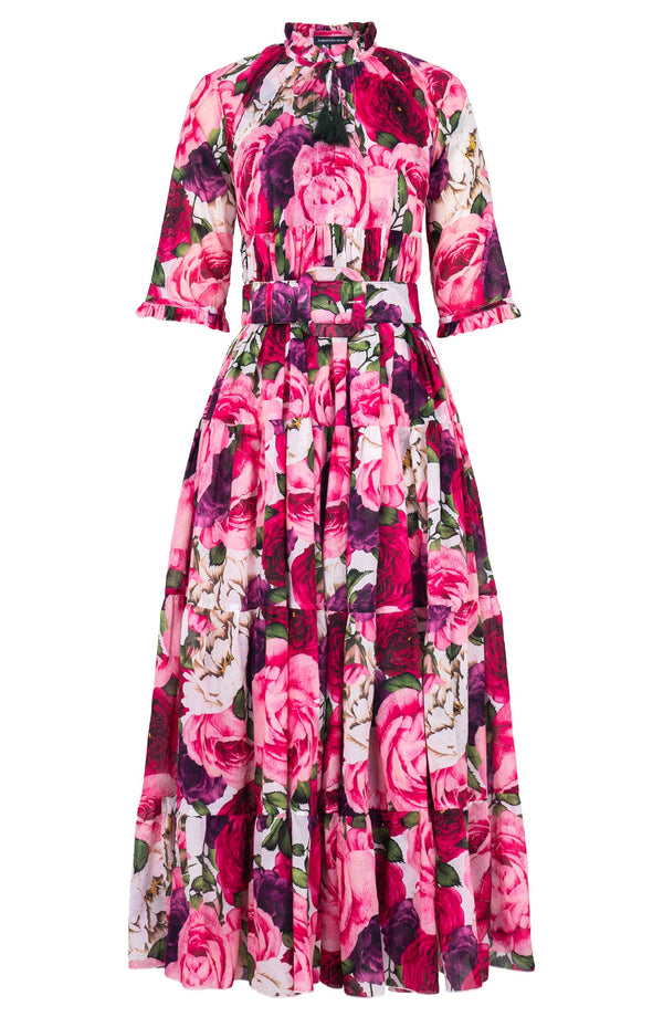 Eden Dress Crew Neck 3/4 Sleeve Maxi Length Cotton Musola (Rose Wallpaper)