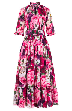 Eden Dress Crew Neck 3/4 Sleeve Maxi Length Cotton Musola (Rose Wallpaper)