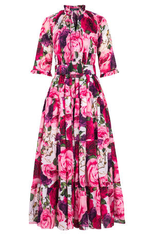 Eden Dress Crew Neck 3/4 Sleeve Maxi Length Cotton Musola (Rose Wallpaper)