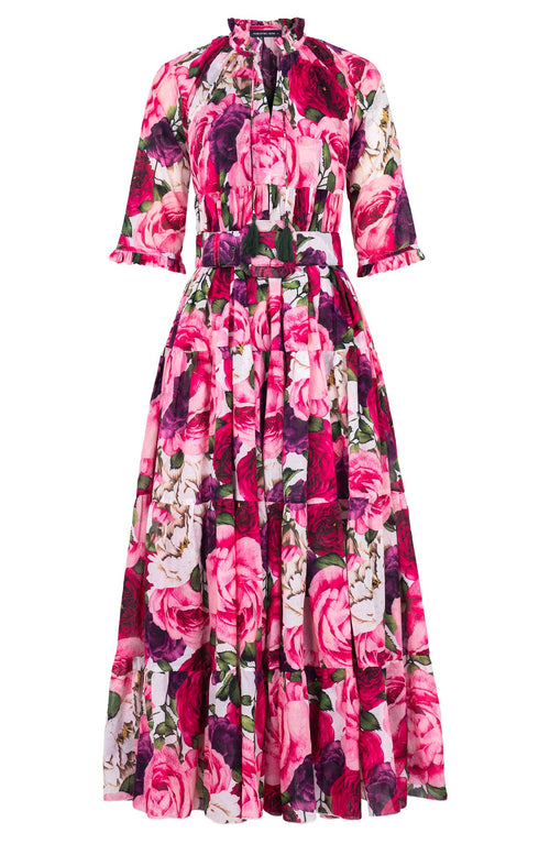 Eden Dress Crew Neck 3/4 Sleeve Maxi Length Cotton Musola (Rose Wallpaper)