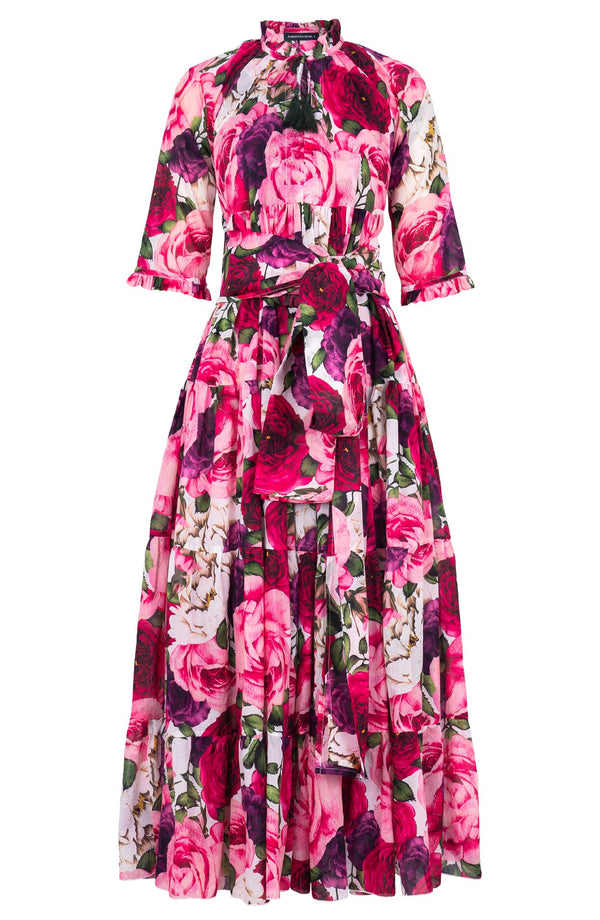 Eden Dress Crew Neck 3/4 Sleeve Maxi Length Cotton Musola (Rose Wallpaper)