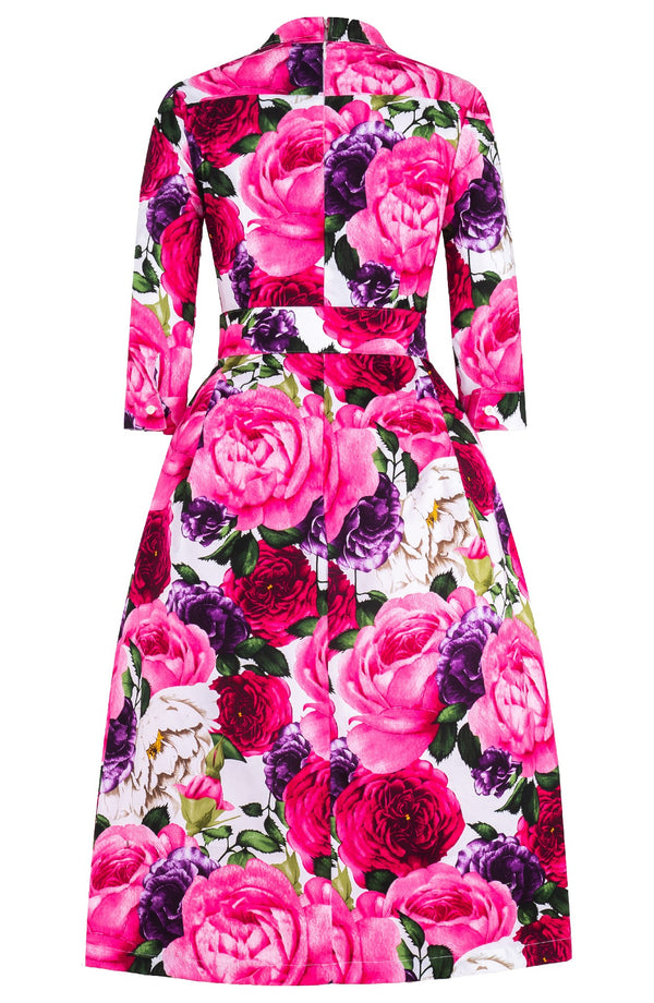 Lana Dress Shirt Collar 3/4 Sleeve with Tulle Midi Cotton Stretch (Rose Wallpaper)