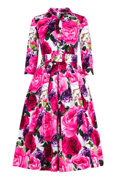 Lana Dress Shirt Collar 3/4 Sleeve with Tulle Midi Cotton Stretch (Rose Wallpaper)