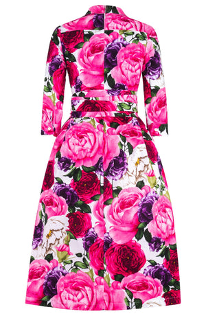 Lana Dress Shirt Collar 3/4 Sleeve with Tulle Midi Cotton Stretch (Rose Wallpaper)