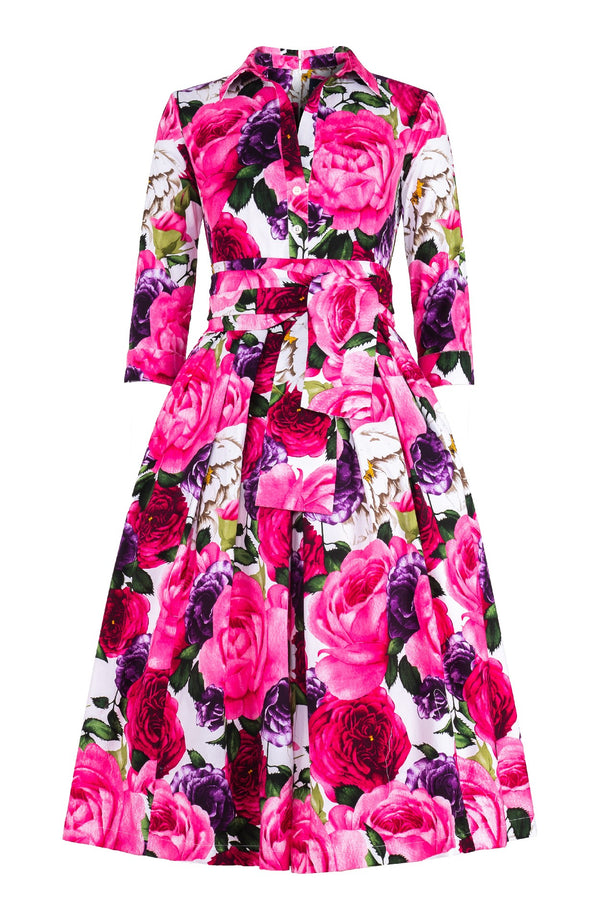 Lana Dress Shirt Collar 3/4 Sleeve with Tulle Midi Cotton Stretch (Rose Wallpaper)