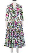 Audrey Dress #4 Shirt Collar 3/4 Sleeve Midi Length Cotton Stretch (Rossi Linen Flowers)