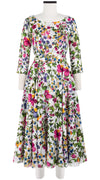 Avenue Dress Boat Neck 3/4 Sleeve Midi Length Cotton Musola (Rossi Linen Flowers)