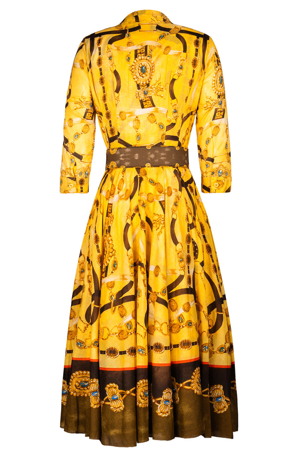 Aster Dress Shirt Collar 3/4 Sleeve Midi Length Cotton Musola (Royal Harness Gold)