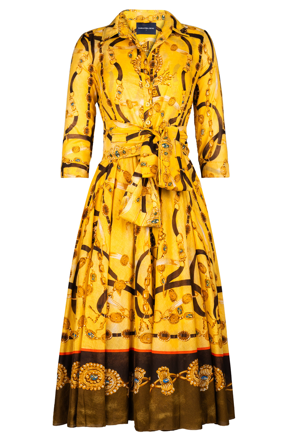 Aster Dress Shirt Collar 3/4 Sleeve Midi Length Cotton Musola (Royal Harness Gold)