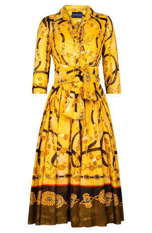 Aster Dress Shirt Collar 3/4 Sleeve Midi Length Cotton Musola (Royal Harness Gold)