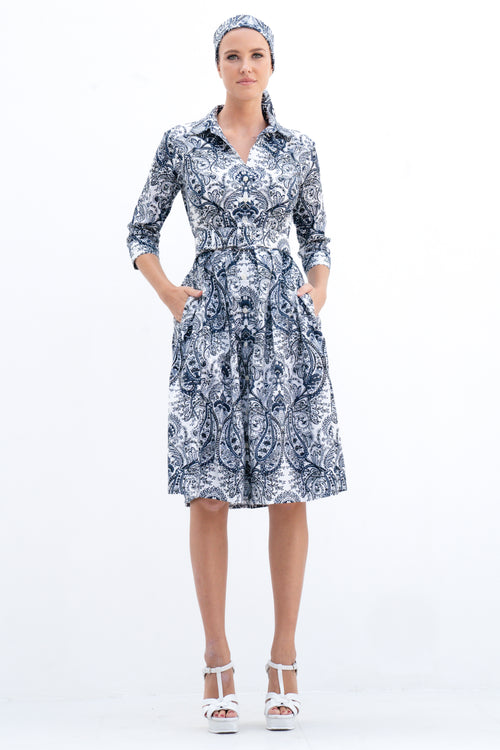 Audrey Dress #1 Shirt Collar 3/4 Sleeve Cotton Stretch (Russian Paisley)