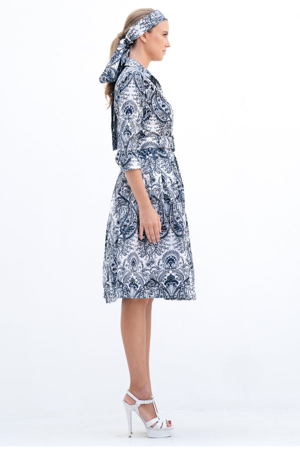 Audrey Dress #1 Shirt Collar 3/4 Sleeve Cotton Stretch (Russian Paisley)