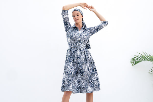 Audrey Dress #1 Shirt Collar 3/4 Sleeve Cotton Stretch (Russian Paisley)