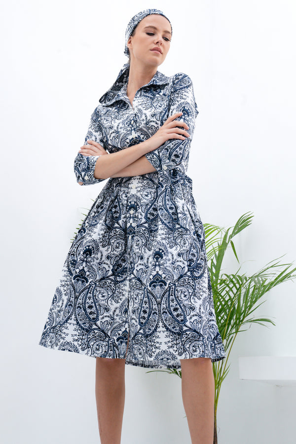 Audrey Dress #1 Shirt Collar 3/4 Sleeve Cotton Stretch (Russian Paisley)