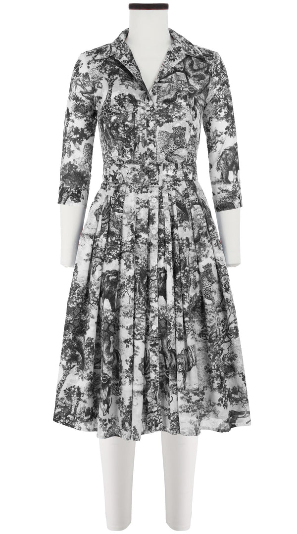 Audrey Dress #4 Shirt Collar 3/4 Sleeve Long Length Cotton Musola (Safari Toile White)