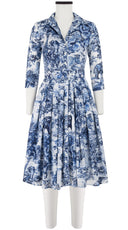 Audrey Dress #4 Shirt Collar 3/4 Sleeve Long Length Cotton Musola (Safari Toile White)