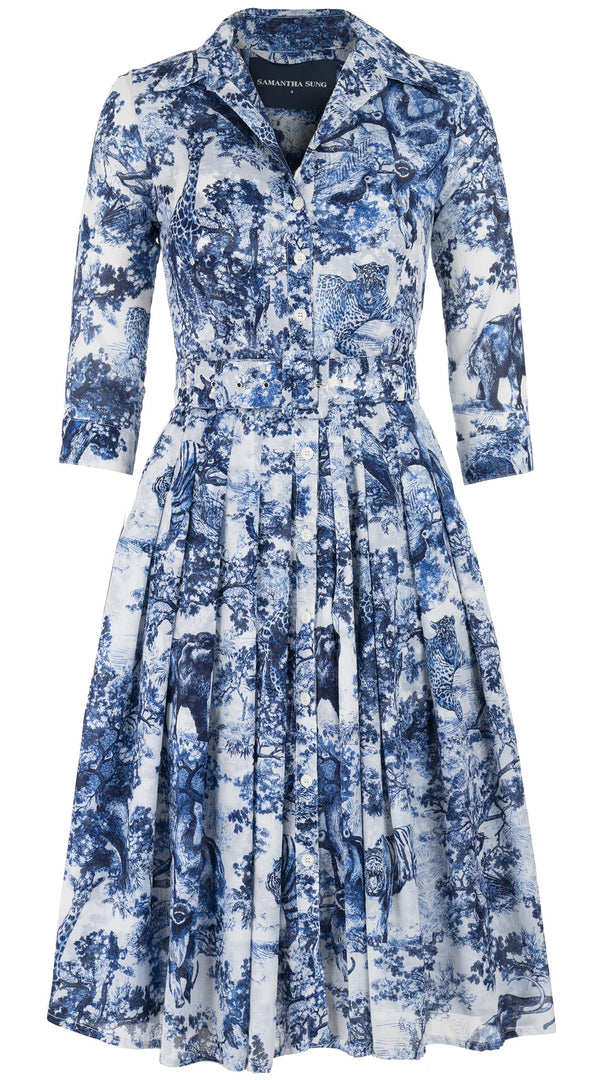 Audrey Dress #4 Shirt Collar 3/4 Sleeve Long Length Cotton Musola (Safari Toile White)
