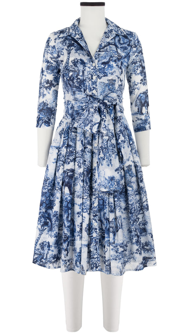 Audrey Dress #4 Shirt Collar 3/4 Sleeve Long Length Cotton Musola (Safari Toile White)