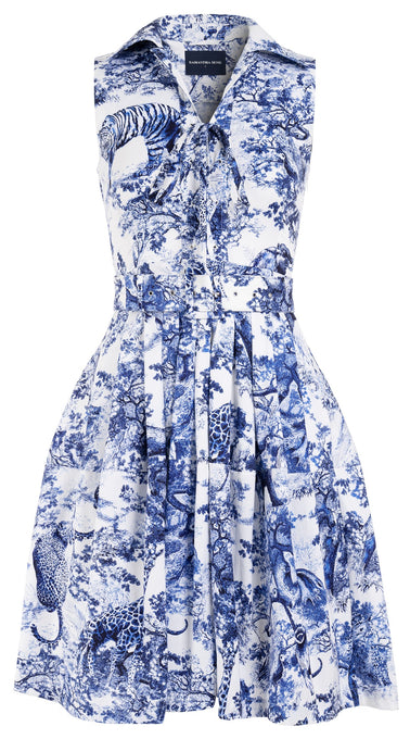 Clara Dress Tie Shirt Collar Sleeveless Cotton Stretch (Safari Toile White)