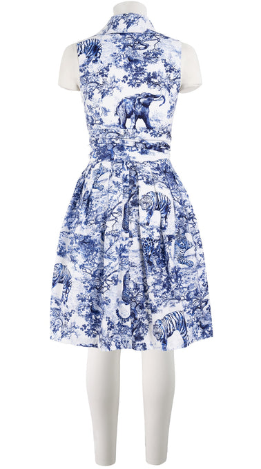 Clara Dress Tie Shirt Collar Sleeveless Cotton Stretch (Safari Toile White)