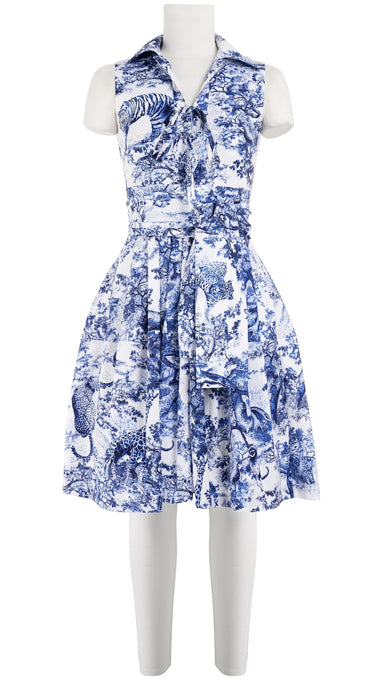 Clara Dress Tie Shirt Collar Sleeveless Cotton Stretch (Safari Toile White)