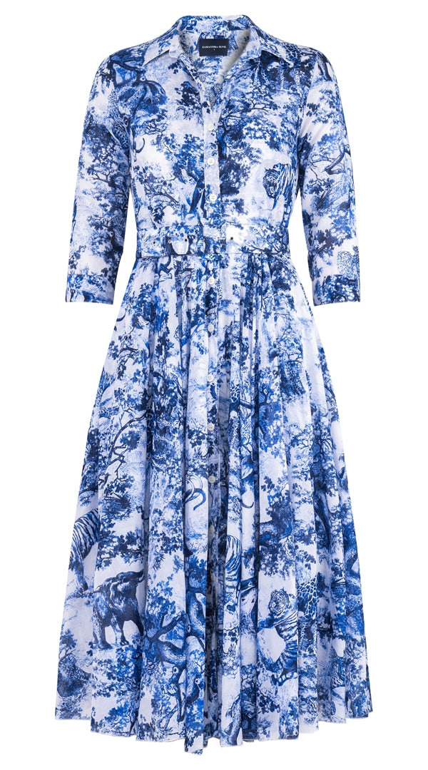 Aster Dress Shirt Collar 3/4 Sleeve Midi Length Cotton Musola (Safari Toile)