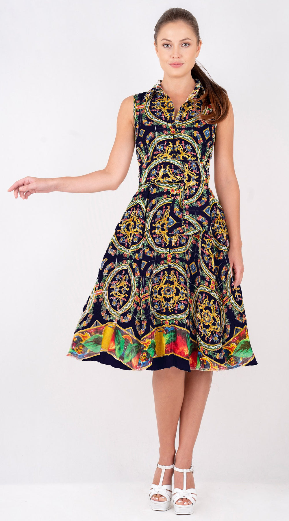 Aster Dress Shirt Collar Sleeveless Long Length Linen (Santorini Tile)