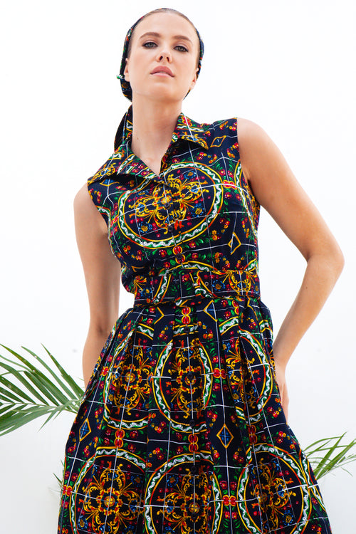 Audrey Dress #1 Shirt Collar Sleeveless Cotton Stretch (Santorini Tile Straight)