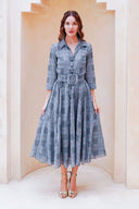 Aster Dress Shirt Collar 3/4 Sleeve Midi Length Cotton Musola (Savile Row Check Big White)