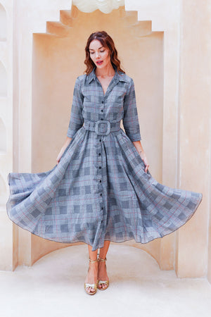 Aster Dress Shirt Collar 3/4 Sleeve Midi Length Cotton Musola (Savile Row Check Big White)