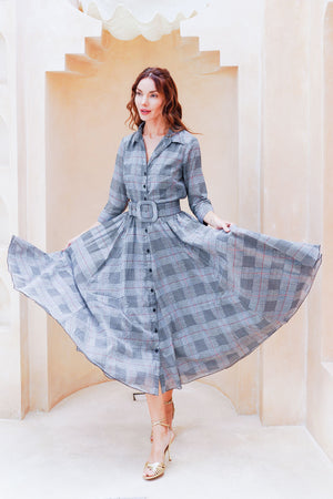 Aster Dress Shirt Collar 3/4 Sleeve Midi Length Cotton Musola (Savile Row Check Big White)