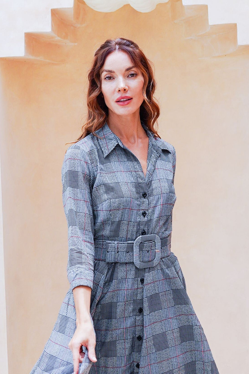 Aster Dress Shirt Collar 3/4 Sleeve Midi Length Cotton Musola (Savile Row Check Big White)