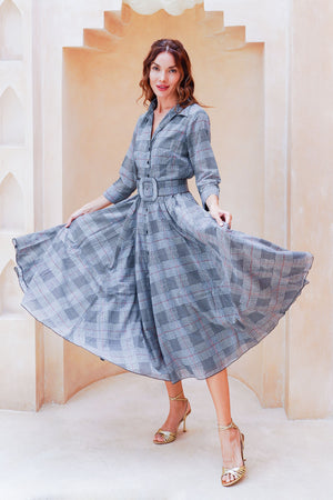 Aster Dress Shirt Collar 3/4 Sleeve Midi Length Cotton Musola (Savile Row Check Big White)