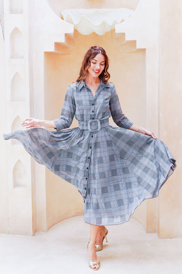 Aster Dress Shirt Collar 3/4 Sleeve Midi Length Cotton Musola (Savile Row Check Big White)