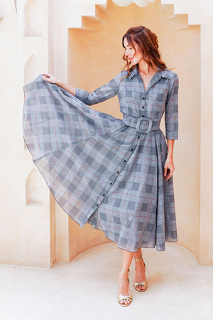 Aster Dress Shirt Collar 3/4 Sleeve Midi Length Cotton Musola (Savile Row Check Big White)