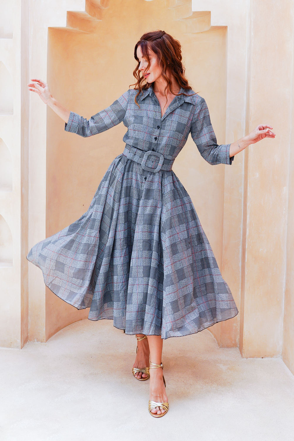 Aster Dress Shirt Collar 3/4 Sleeve Midi Length Cotton Musola (Savile Row Check Big White)