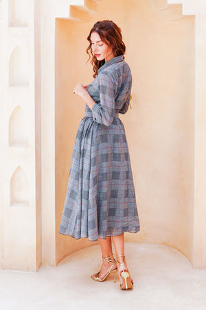 Aster Dress Shirt Collar 3/4 Sleeve Midi Length Cotton Musola (Savile Row Check Big White)