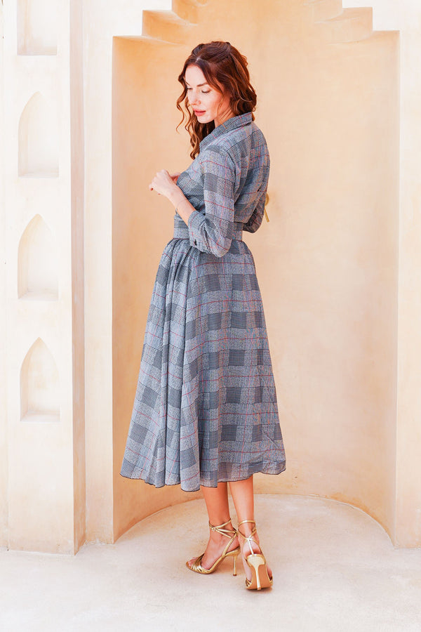 Aster Dress Shirt Collar 3/4 Sleeve Midi Length Cotton Musola (Savile Row Check Big White)