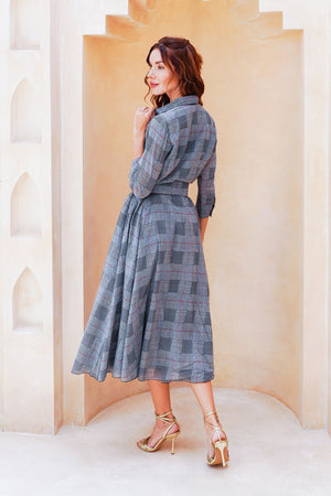 Aster Dress Shirt Collar 3/4 Sleeve Midi Length Cotton Musola (Savile Row Check Big White)