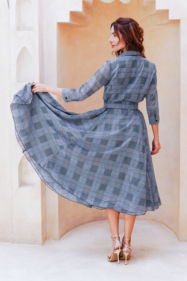 Aster Dress Shirt Collar 3/4 Sleeve Midi Length Cotton Musola (Savile Row Check Big White)