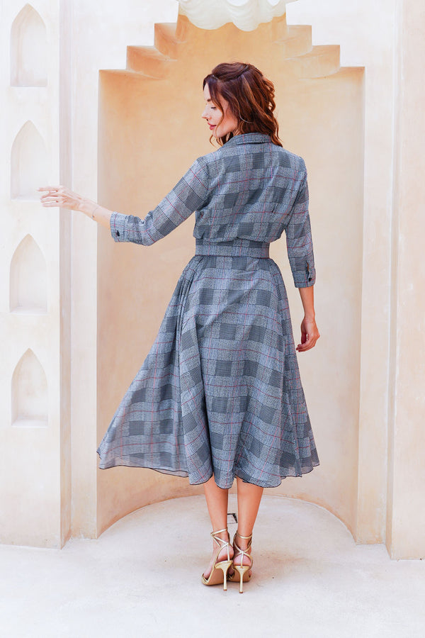 Aster Dress Shirt Collar 3/4 Sleeve Midi Length Cotton Musola (Savile Row Check Big White)