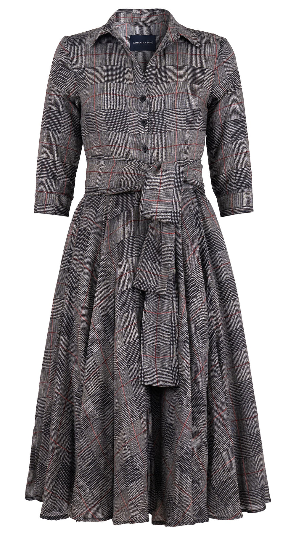 Aster Dress Shirt Collar 3/4 Sleeve Midi Length Wool (Savile Row Check Ivory) - Ivory Black