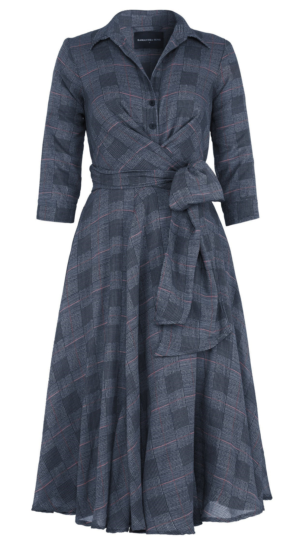 Olivia Dress Shirt Collar 3/4 Sleeve Midi Length Wool (Savile Row Check Ivory) - Ivory Black