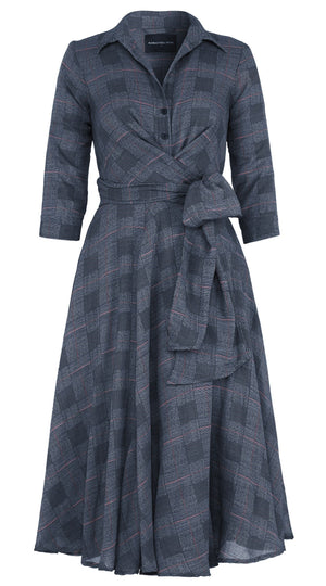 Olivia Dress Shirt Collar 3/4 Sleeve Midi Length Wool (Savile Row Check Ivory) - Ivory Black