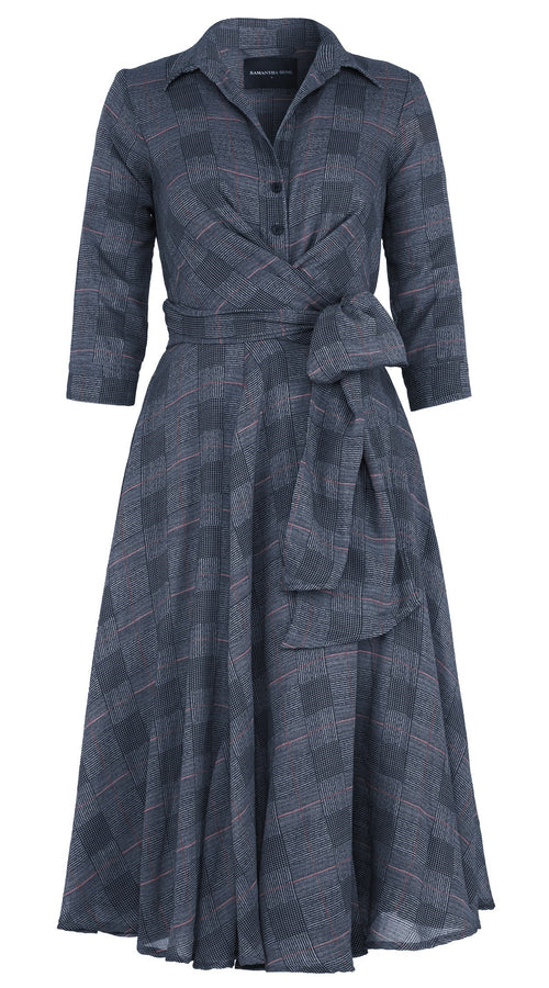 Olivia Dress Shirt Collar 3/4 Sleeve Midi Length Wool (Savile Row Check Ivory) - Ivory Black