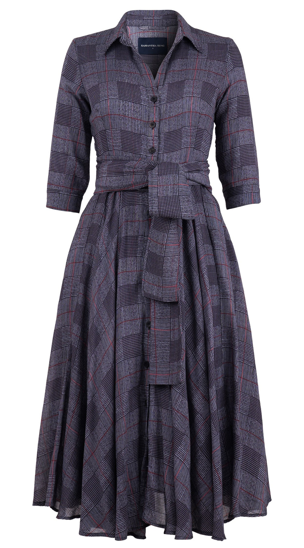 Aster Dress Shirt Collar 3/4 Sleeve Midi Length Wool (Savile Row Check Ivory) - Ivory Indigo