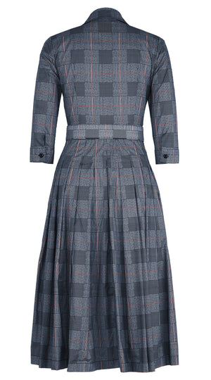 Audrey Dress #4 Shirt Collar 3/4 Sleeve Midi Length Cotton Stretch (Savile Row Check Big White)