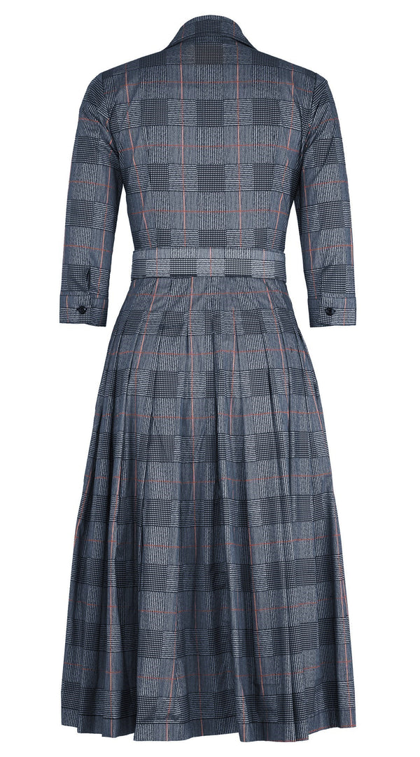 Audrey Dress #4 Shirt Collar 3/4 Sleeve Midi Length Cotton Stretch (Savile Row Check Big White)